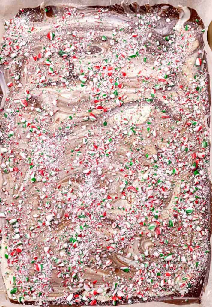 melted chocolate covered with crushed candy canes