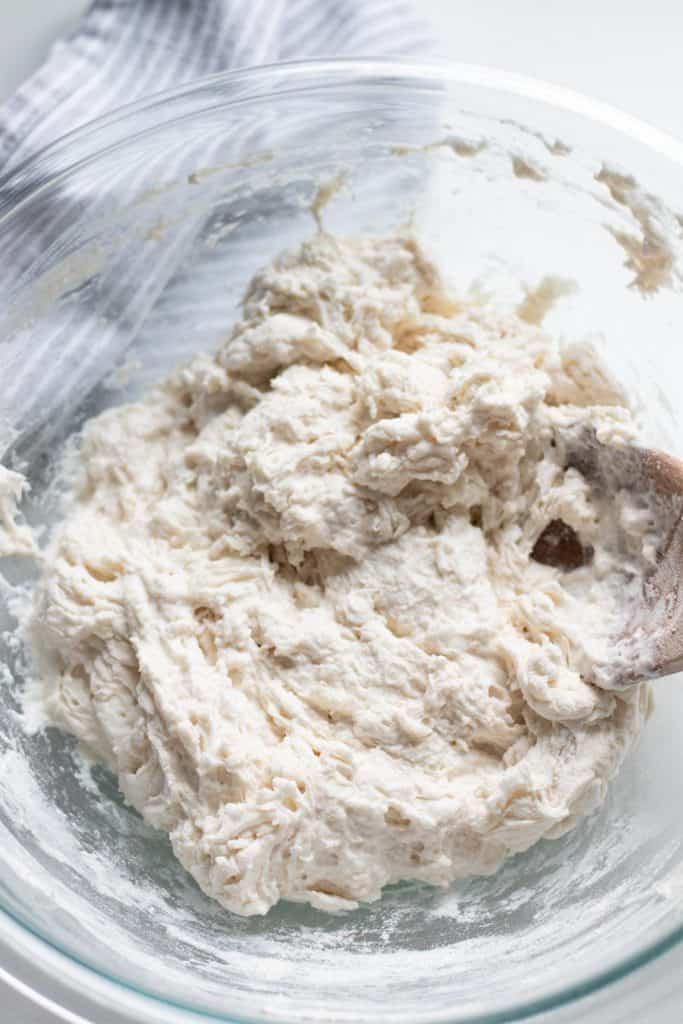 mixing up the dough for no knead bread