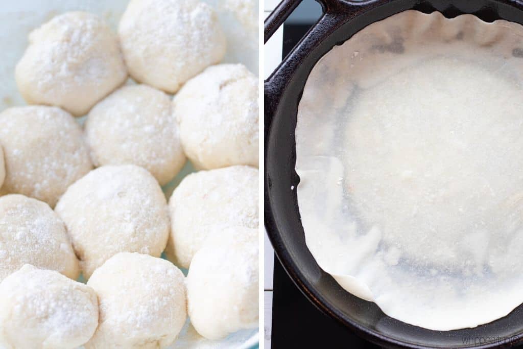 two photos; showing the dough shaped into 12 equal sized balls, and showing a rolled out tortilla being cooked in a cast iron pan