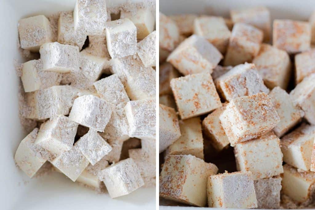 Sprinkling the spices on top of the tofu cubes and tossing it