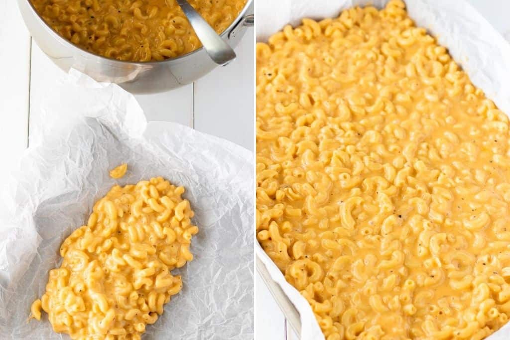 spreading the prepared mac and cheese onto a baking sheet lined with parchment paper