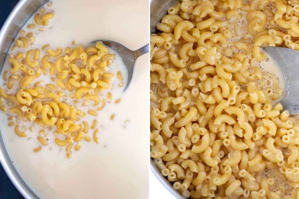 a grid showing the mac and cheese before and after the noodles have cooked in the milk and stock