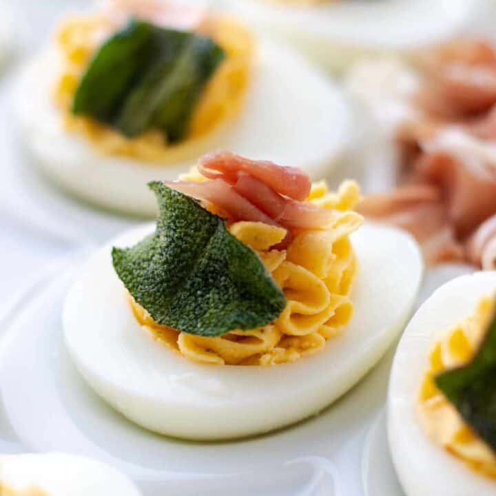 showing a close up of a butternut squash and prosciutto devilled egg