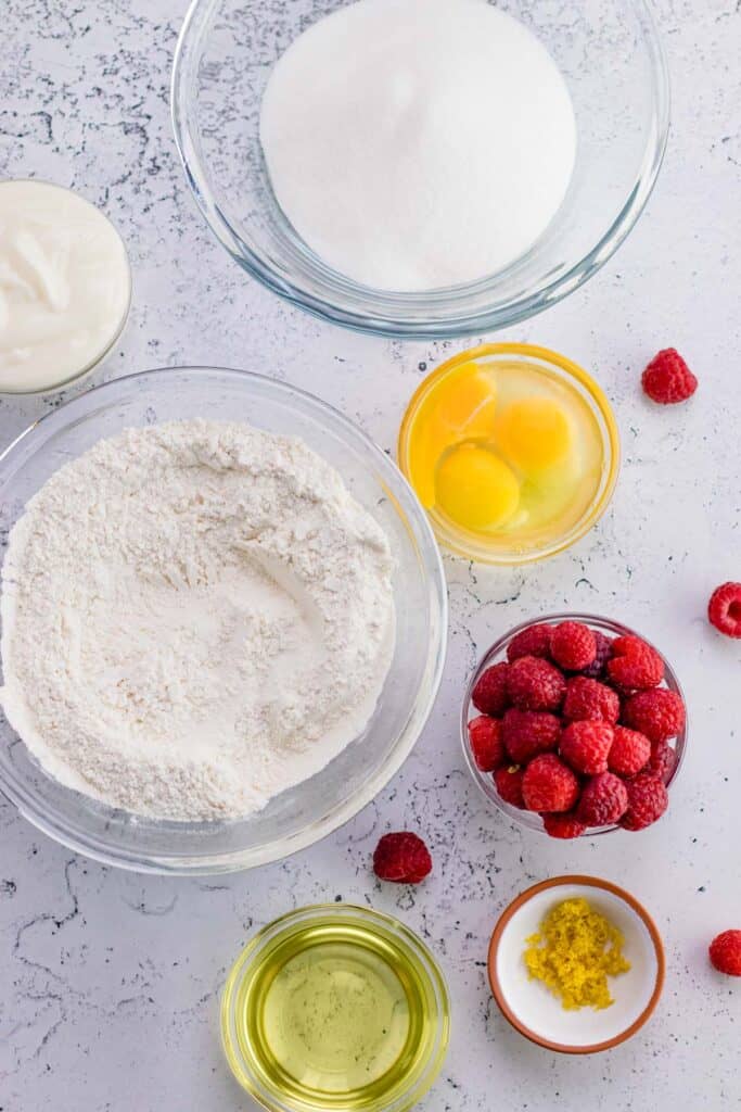 all of the ingredients to make the raspberry lemon loaf