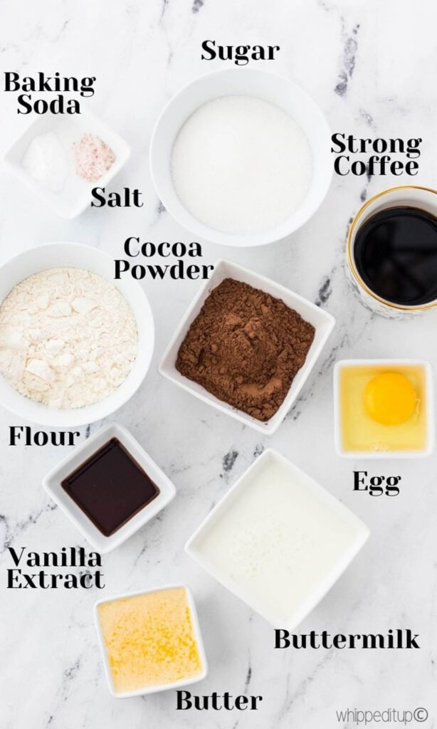 Ingredients to make the cake for cake pops include sugar, baking soda, salt, coffee, cocoa powder, flour, vanilla extract, egg, buttermilk, and butter.