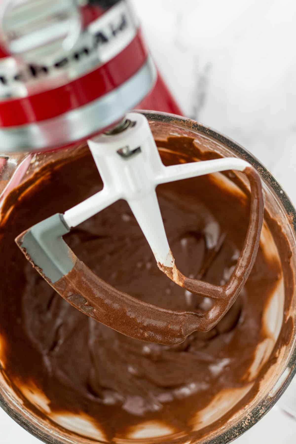 Chocolate cake batter in the mixer.