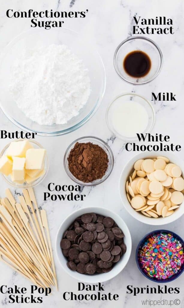 Ingredients to make the buttercream include: confectioners' sugar, vanilla extract, butter, cocoa powder and milk. Decorations include dark and white candy melts and sprinkles.