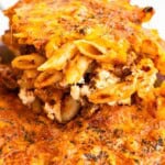 A giant scoop of lazy lasagna with noodles and cottage cheese.