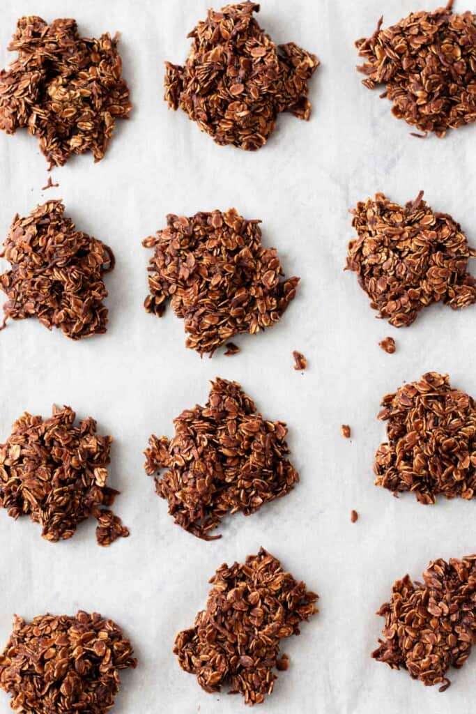 A tray of set haystack cookies.