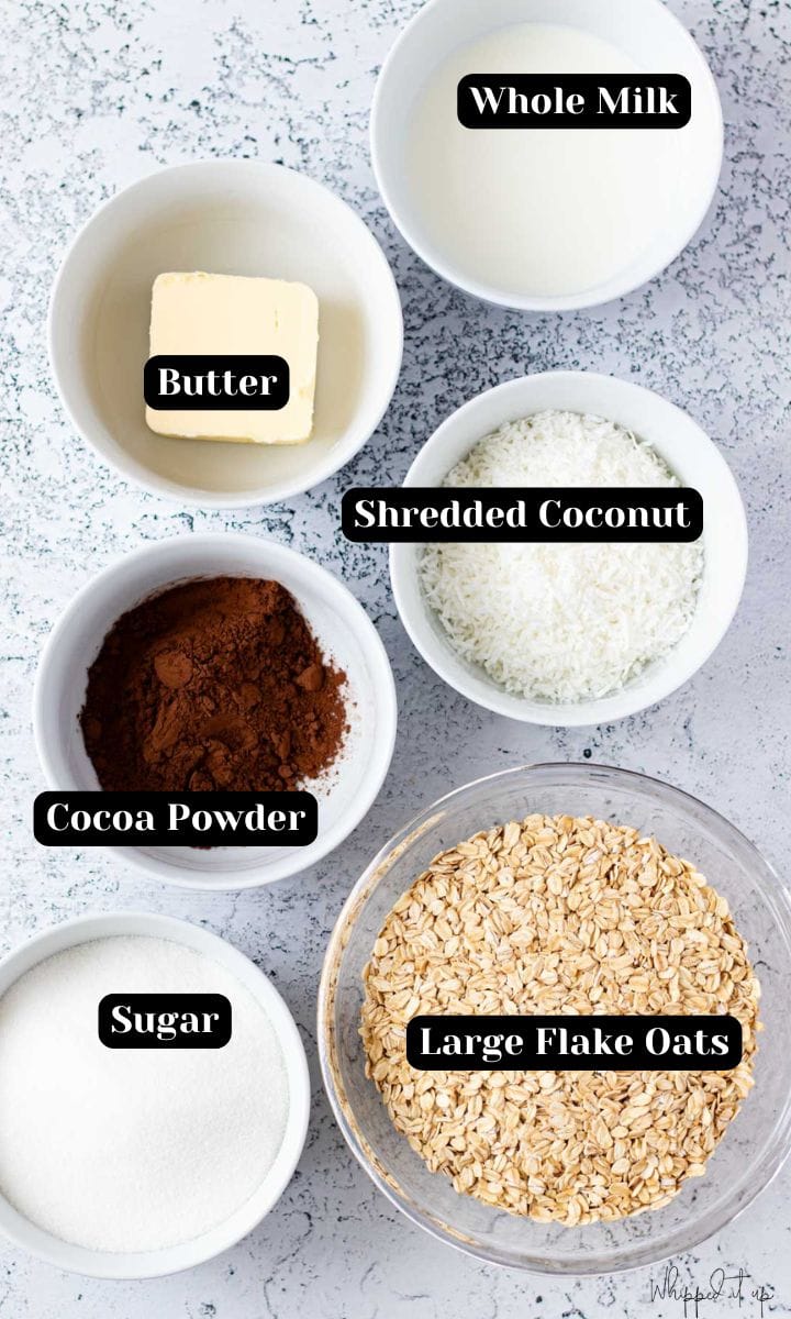 Ingredients to make haystack cookies include; whole milk, butter, shredded coconut, cocoa powder, large flake oats, and sugar.