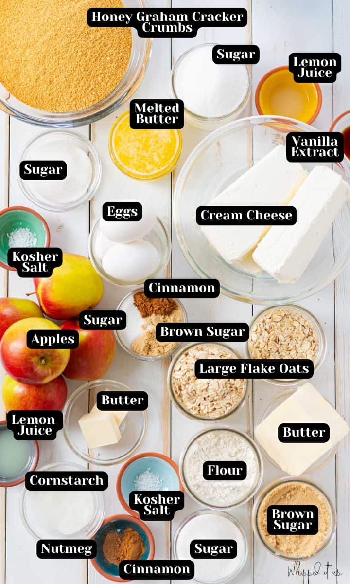 Ingredients include honey graham cracker crumbs, sugar, lemon juice, butter, salt, eggs, cream cheese, vanilla extract, apples, cinnamon, brown sugar, large flake oats, cornstarch, water, nutmeg, and flour.