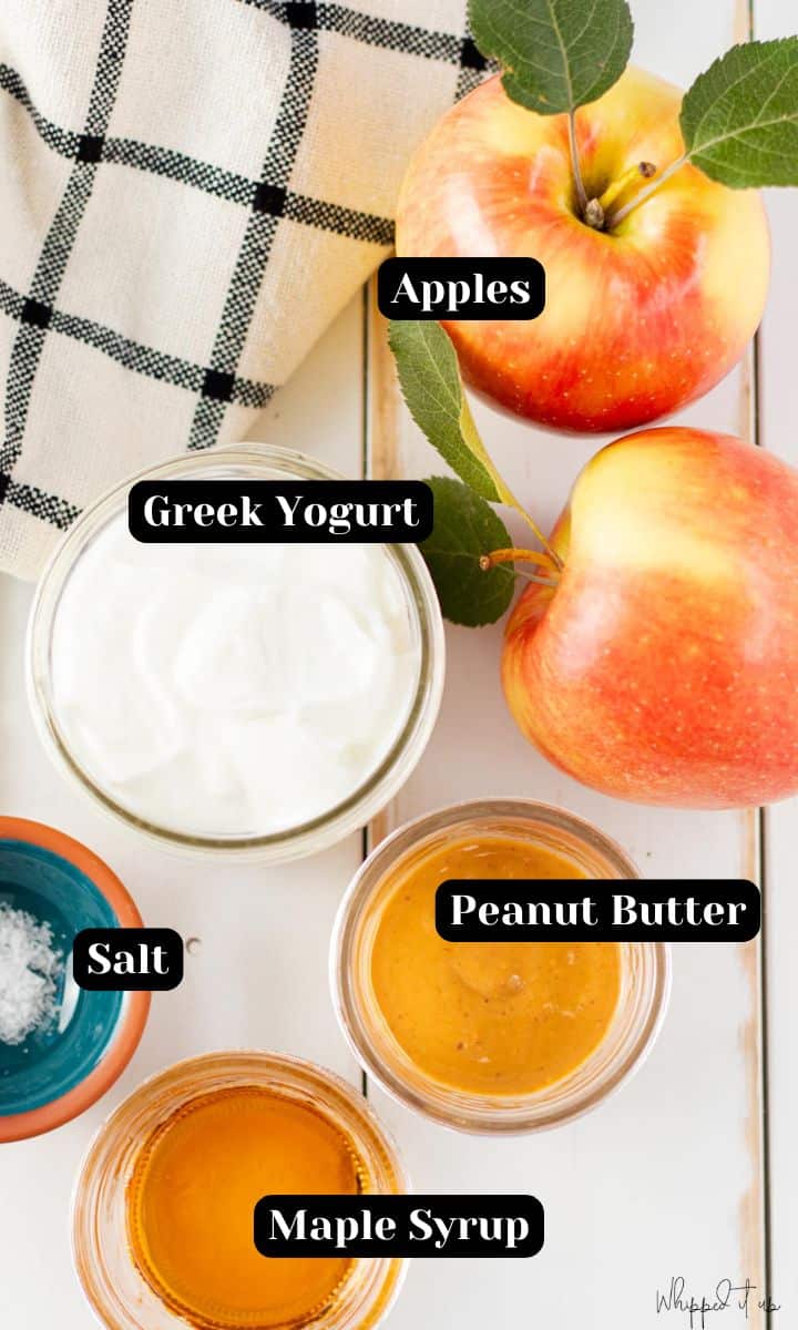 Ingredients to make apple dip are greek yogurt, peanut butter, maple syrup, salt and apples for dipping.