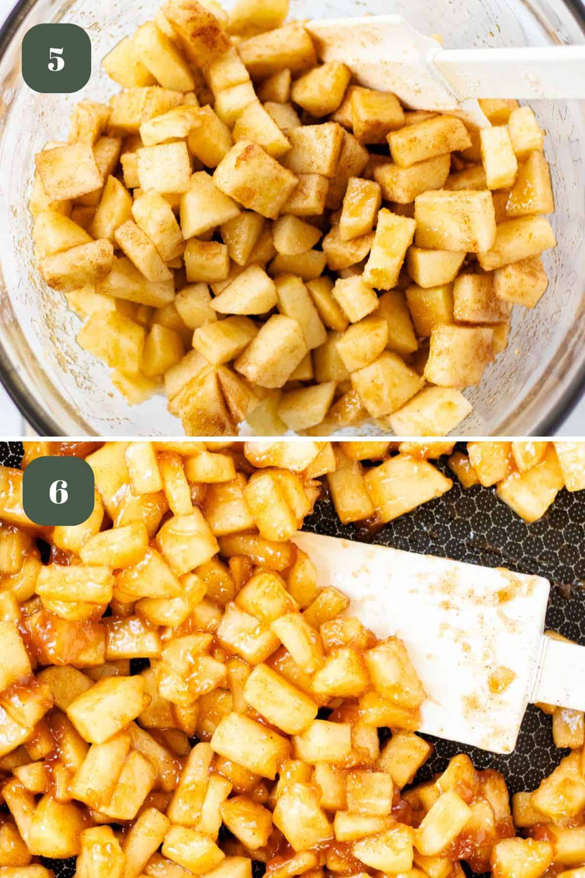 Two photos showing the apples being tossed with the ingredients and cooked in a pan.