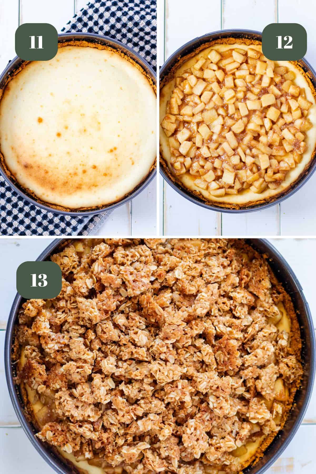 Three photos showing the cheesecake being layered. First image is a plain baked cheesecake, second image is with the apple filling on top of the cheesecake, and the third image is with the crumble on top.