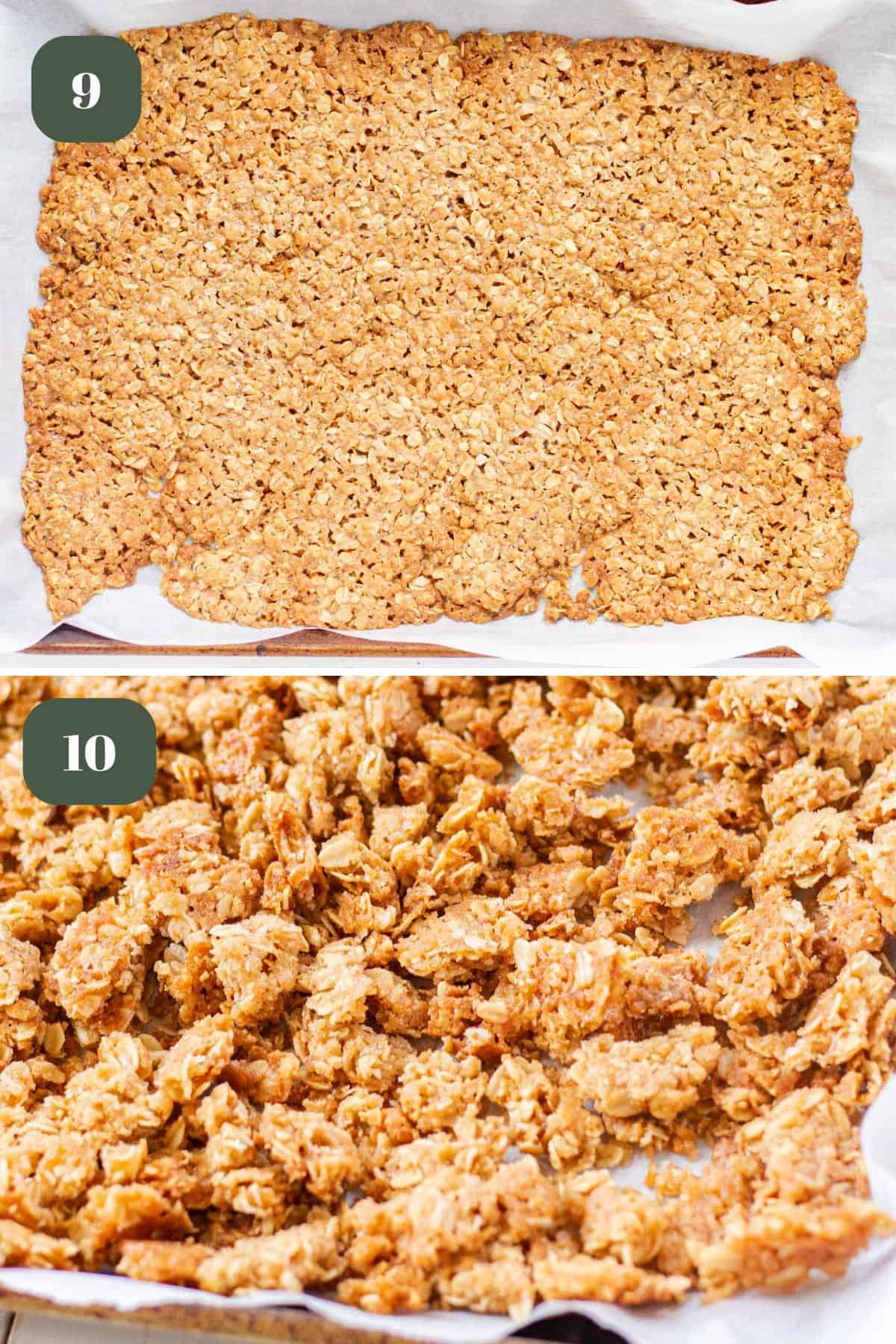 Two photos showing the crumble baked on a baking sheet and crumbled apart.