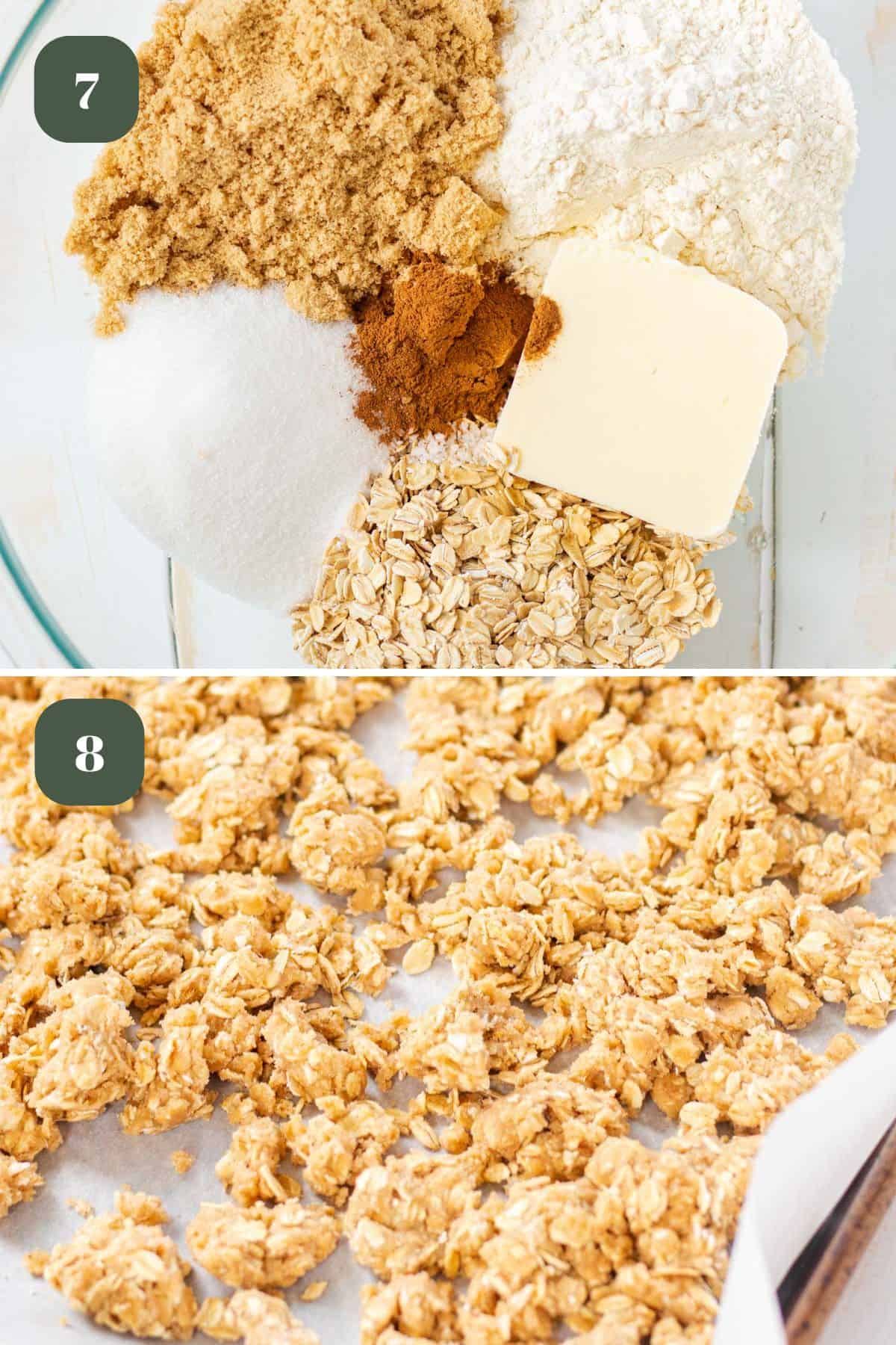 Two images showing the ingredients to make the crumble in a mixing bowl, and the crumble mixed and laid on a baking sheet lined with parchment paper.
