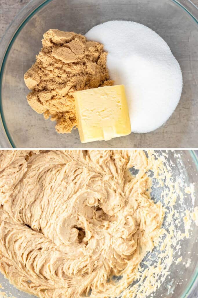 Top Image - butter, sugar and brown sugar in a mixing bowl. Bottom Image - Mixed cookie dough after the eggs and vanilla have been added to make a soft and smooth dough.