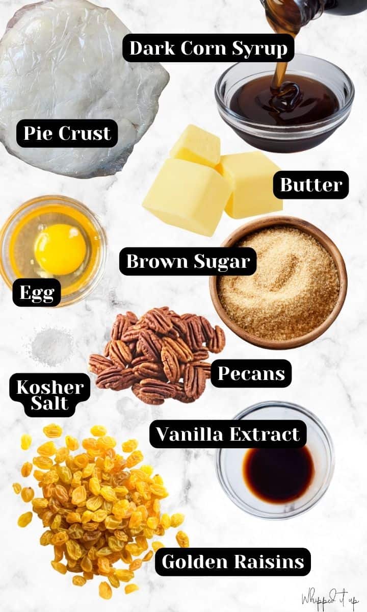 Ingredients include pie crust, dark corn syrup, egg, butter, brown sugar, pecans, salt, vanilla extract, and golden raisins.