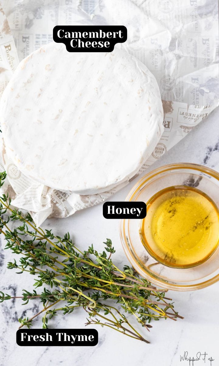 Ingredients to make camembert roti include camembert cheese, honey and fresh thyme.