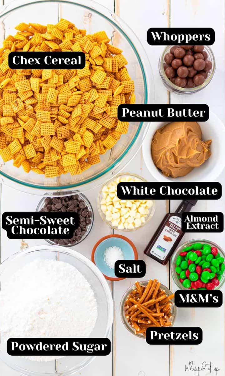 Ingredients include Chex cereal, whoppers, peanut butter, semi-sweet chocolate, white chocolate, almond extract, salt, powdered sugar, pretzels, and m&m's.