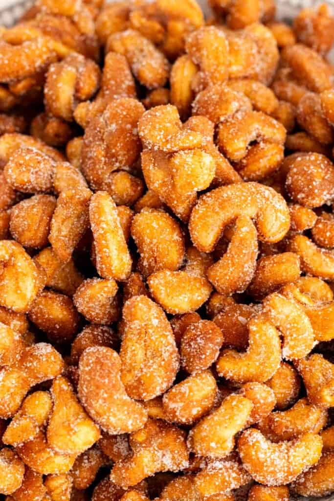 Honey roasted cashews covered in cinnamon sugar.