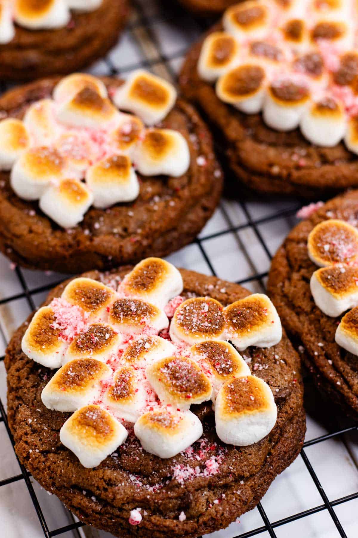 A close up of a hot chocolate cookie on a cooling rack after being topped with toasted marshmallows and crushed candy canes.