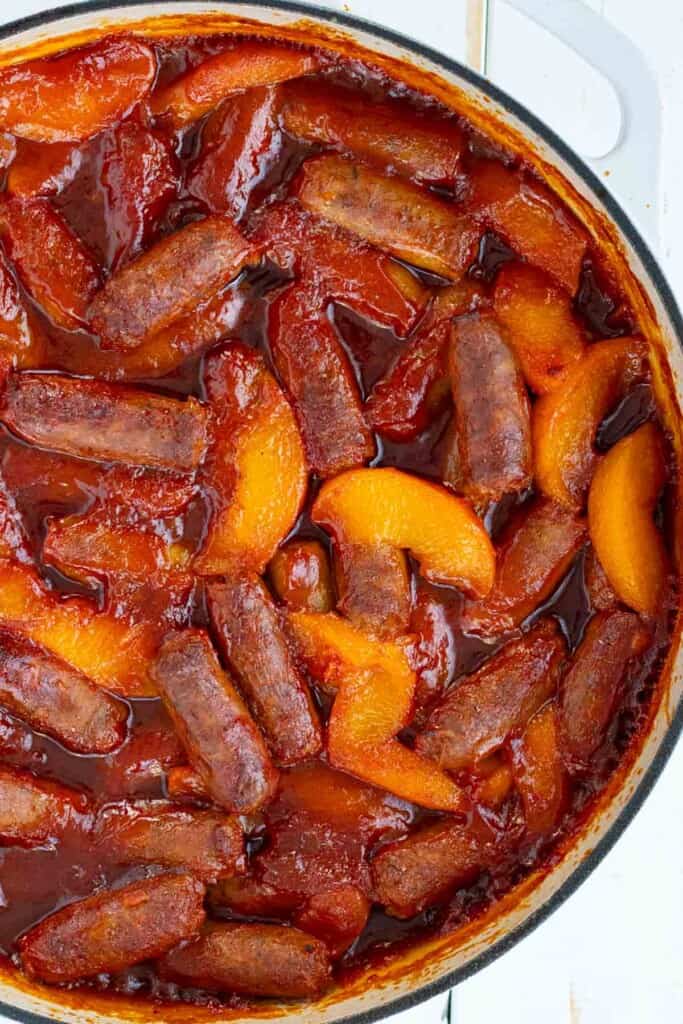 Sweet and sour sausages after baking in an oven safe dish.