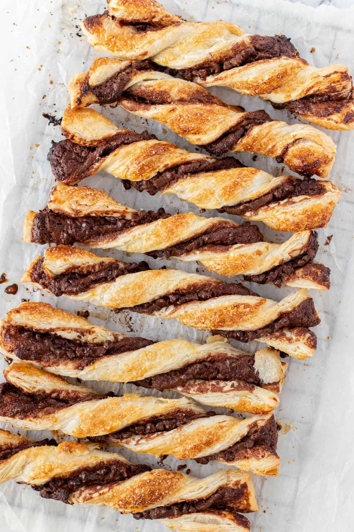 Chocolate twists baked to golden brown.
