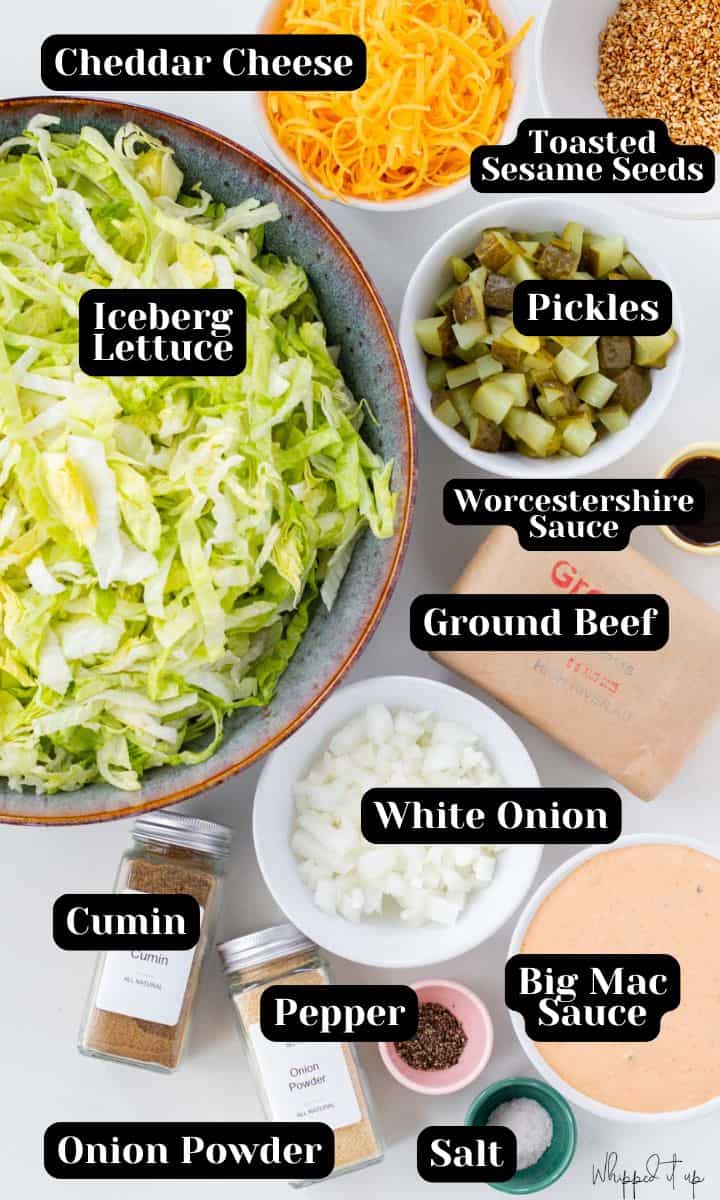 Ingredients include lettuce, cheddar cheese, ground beef, big mac sauce, pickles, Worcestershire sauce, onions, cumin, onion powder, salt, pepper, and toasted sesame seeds.