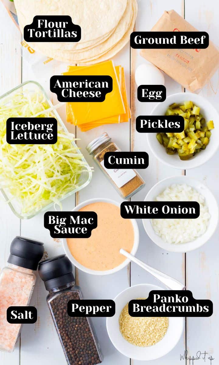 Ingredients include tortillas, ground beef, egg, American cheese, iceberg lettuce, cumin, pickles, big mac sauce, white onion, salt, pepper, panko breadcrumbs.