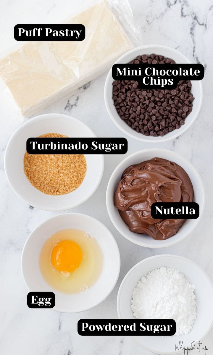 Ingredients include puff pastry, mini chocolate chips, Nutella, egg, turbinado sugar, powdered sugar.