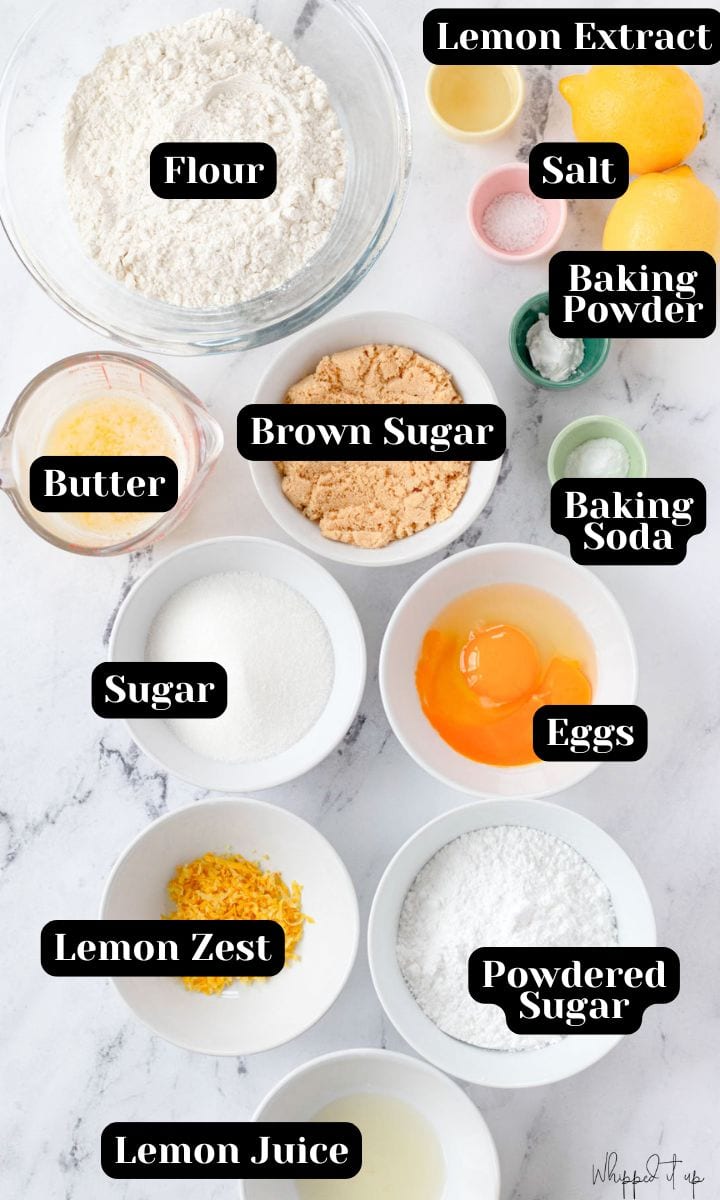 Ingredients include flour, lemon extract, salt, butter, brown sugar, baking powder, baking soda, sugar, eggs, lemon zest, powdered sugar, and lemon juice.