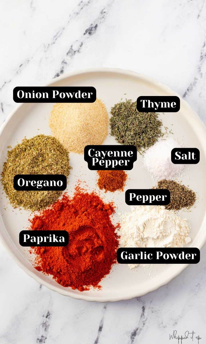 Ingredients include paprika, oregano, onion powder, thyme, salt, pepper, garlic powder and cayenne pepper.