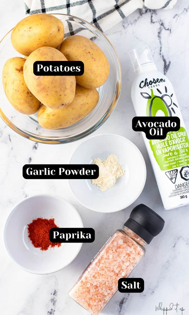 Ingredients include potatoes, avocado oil, garlic powder, paprika, and salt.