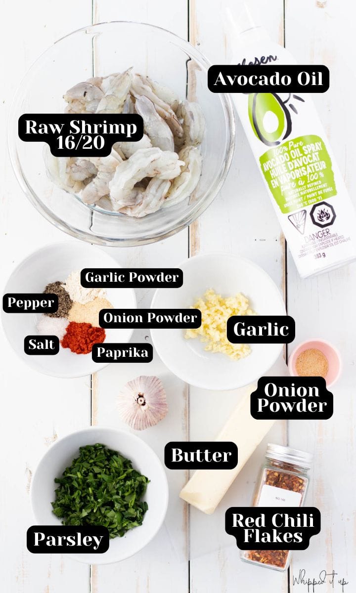 Ingredients include raw shrimp, avocado oil, spices, butter, garlic, and parsley.