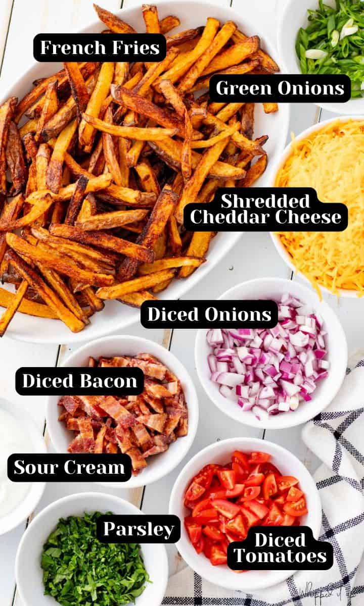 Ingredients include french fries, green onions, shredded cheddar cheese, red and green onions, bacon, tomatoes, parsley, and sour cream.