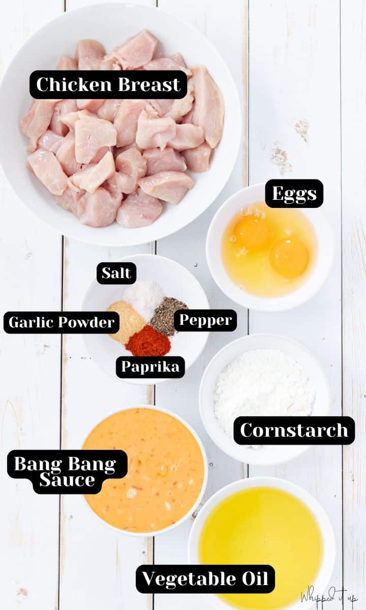Ingredients include chicken breast, eggs, salt, garlic powder, pepper, paprika, bang bang sauce, cornstarch, vegetable oil.