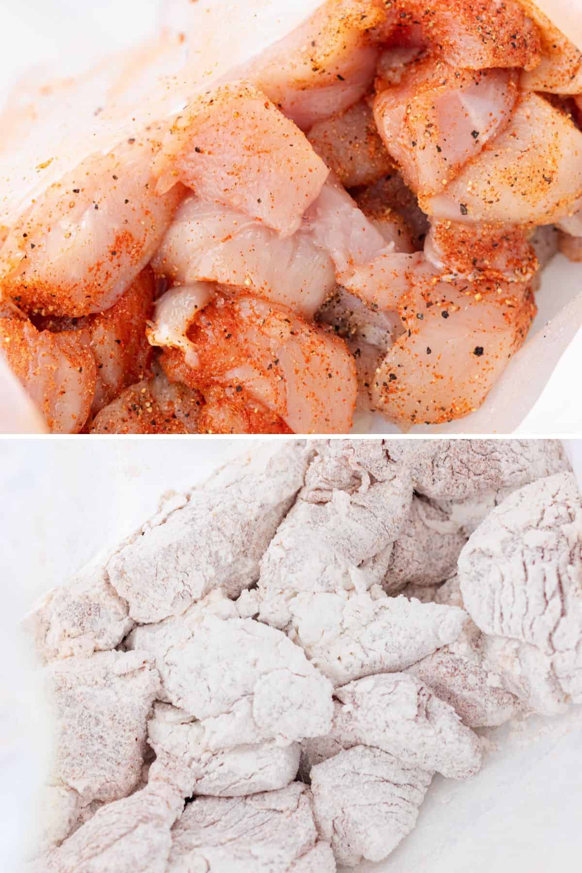 A grid with two photos, first showing the cubed chicken breast being tossed with spices, the second with cornstarch.