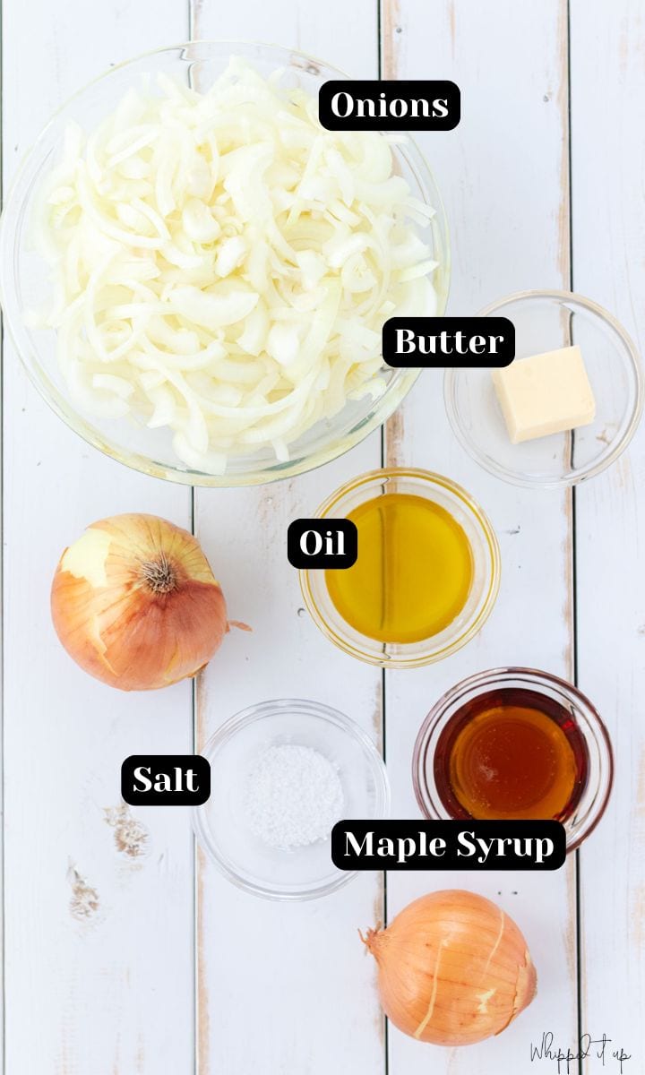 Ingredients include onions, butter, oil, salt, maple syrup.