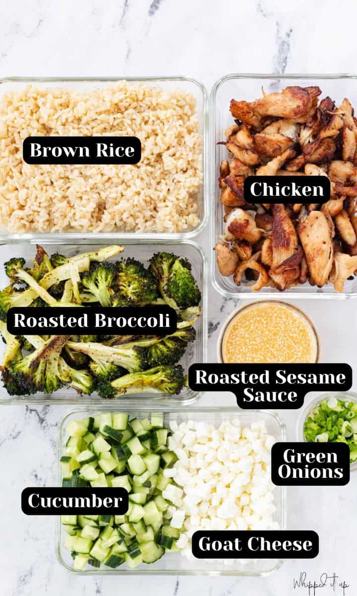 Ingredients include brown rice, chicken, roasted broccoli, roasted sesame sauce, cucumber, goat cheese, green onions.
