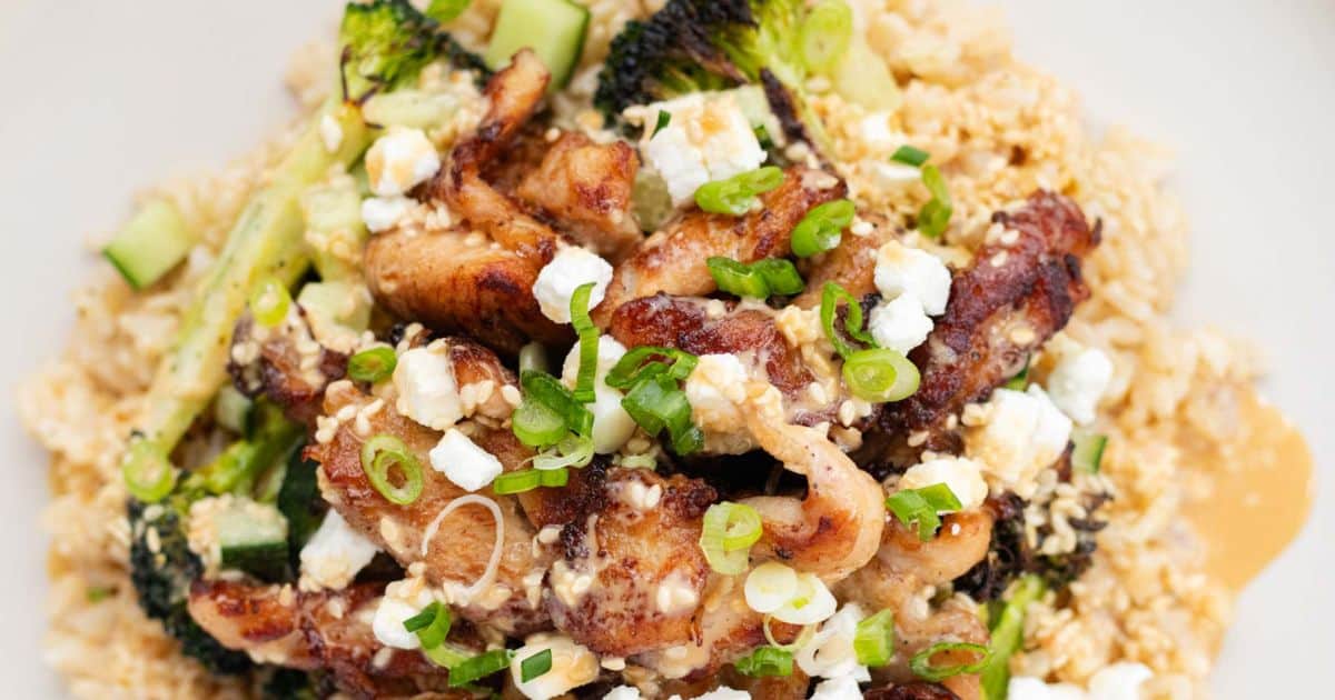 Chicken and Rice Bowl with Sesame Dressing and Broccoli