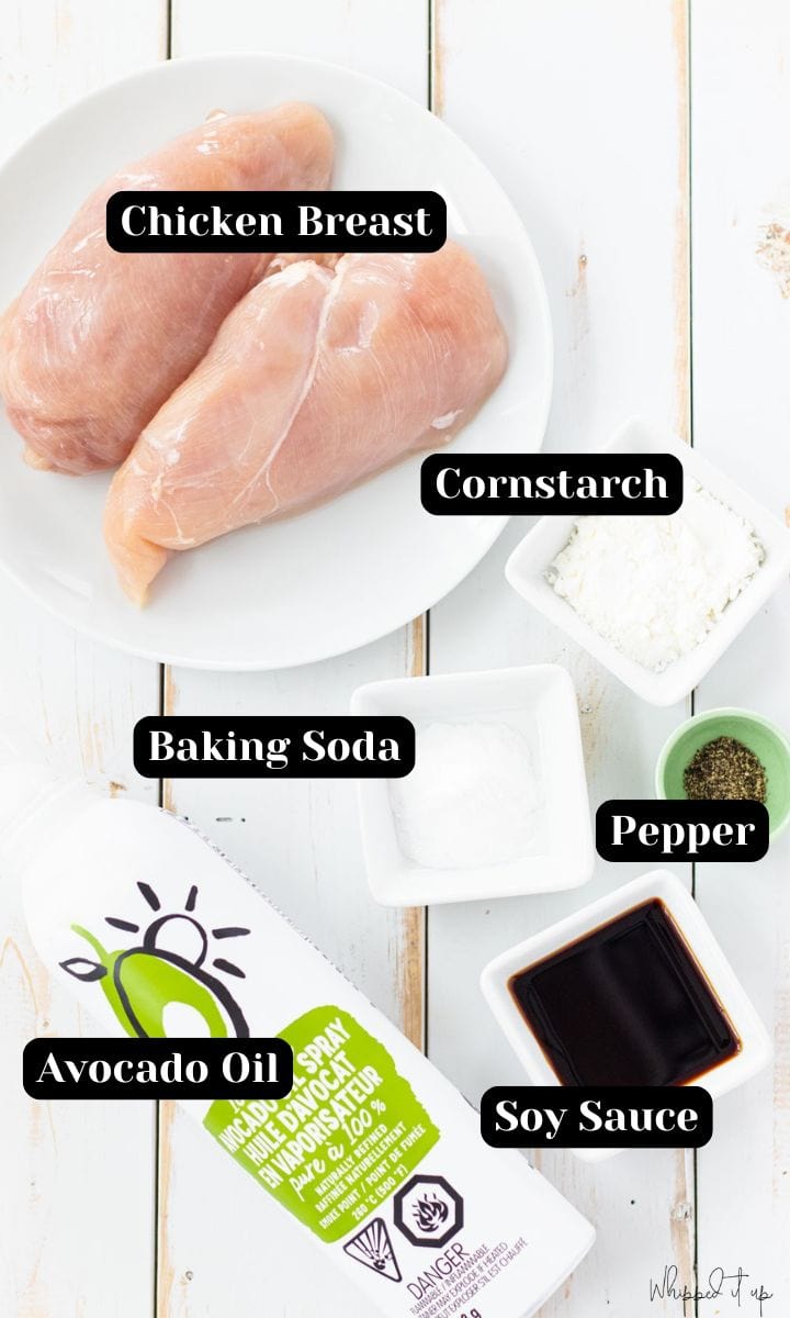 Ingredients include chicken breast, baking soda, cornstarch, soy sauce, pepper, and avocado oil.