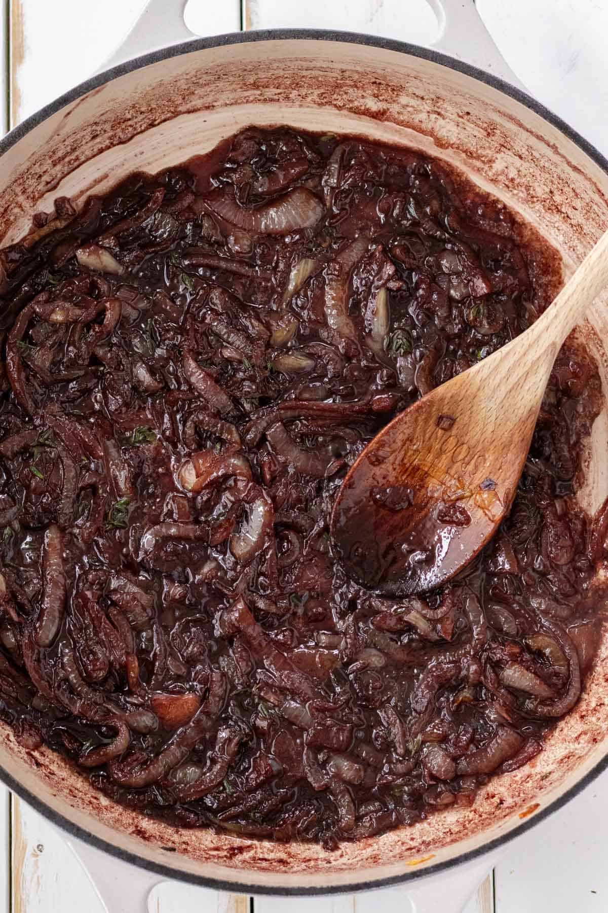 Deglazed and reduced red wine in the sauté pan with the caramelized onions.