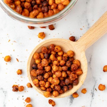 A wooden spoonful of buffalo chickpeas.