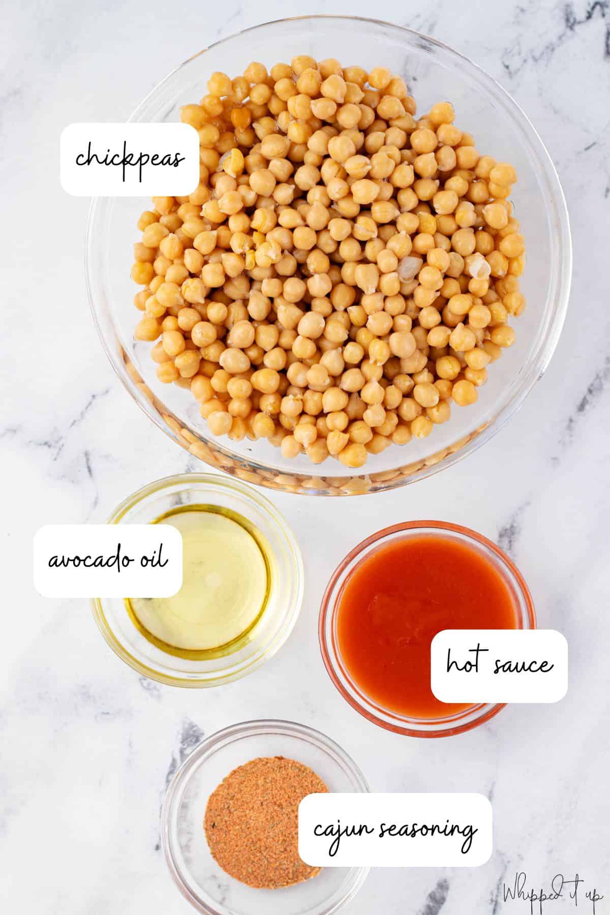 Ingredients include chickpeas, avocado oil, hot sauce, and cajun seasoning.