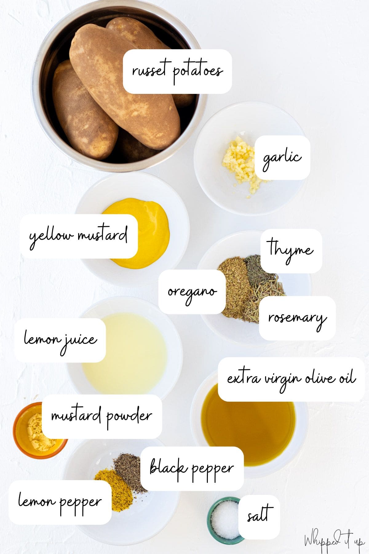 Ingredients include russet potatoes, garlic, yellow mustard, thyme, oregano, rosemary, lemon juice, mustard powder, extra virgin olive oil, black pepper, salt, and lemon pepper (optional).