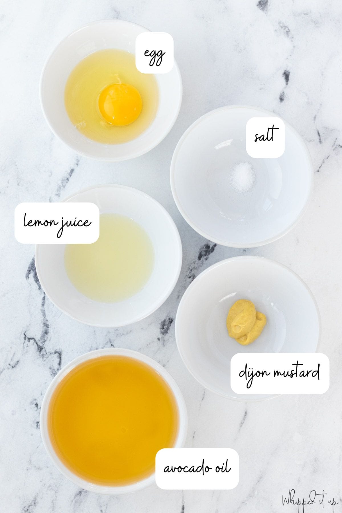 Ingredients include an egg, avocado oil, lemon juice, salt, and Dijon mustard.