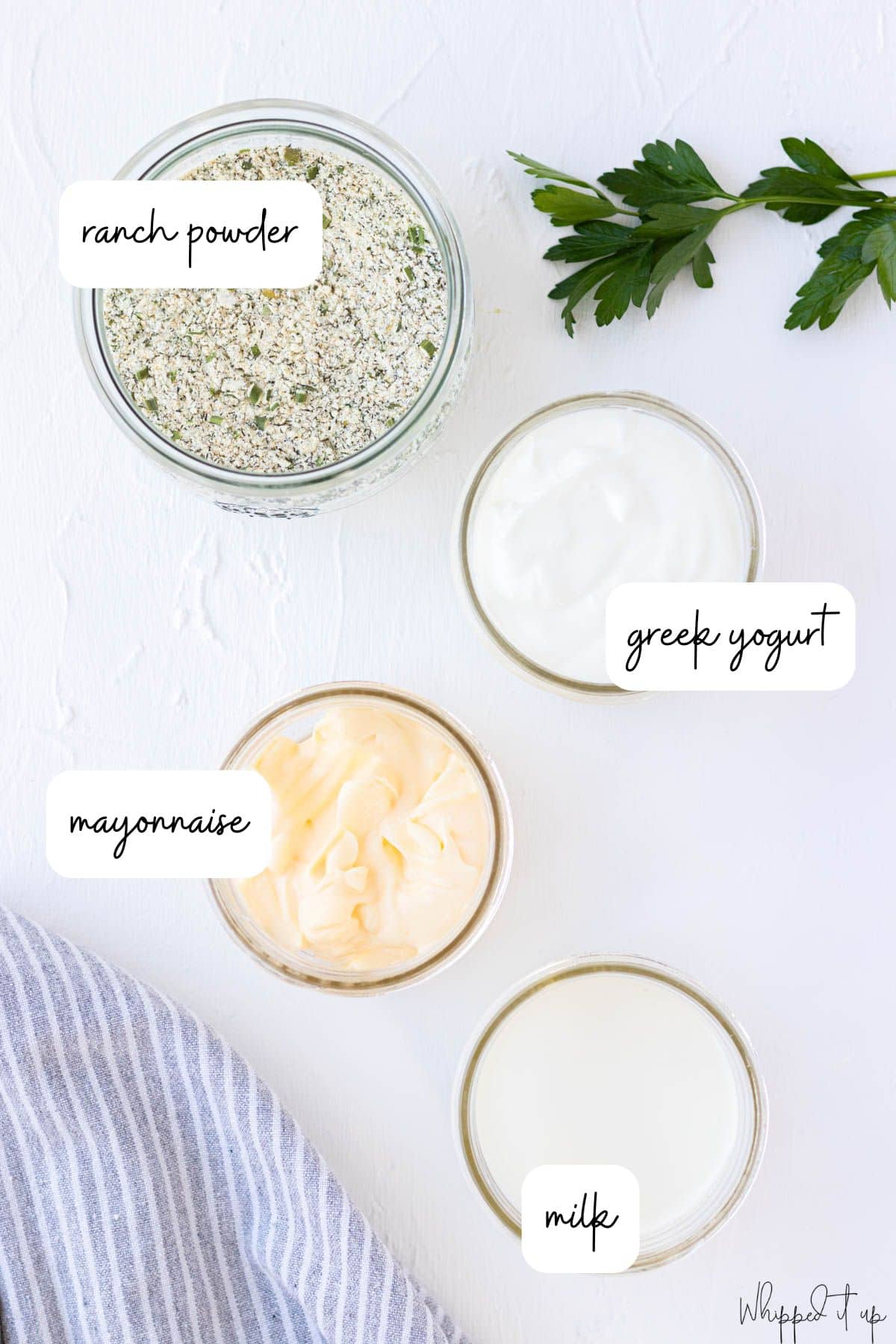 Ingredients include ranch powder, greek yogurt, mayonnaise, and milk.