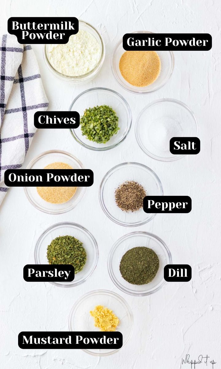 Ingredients include buttermilk powder, garlic powder, chives, onion powder, salt, pepper, parsley, dill, and mustard powder.