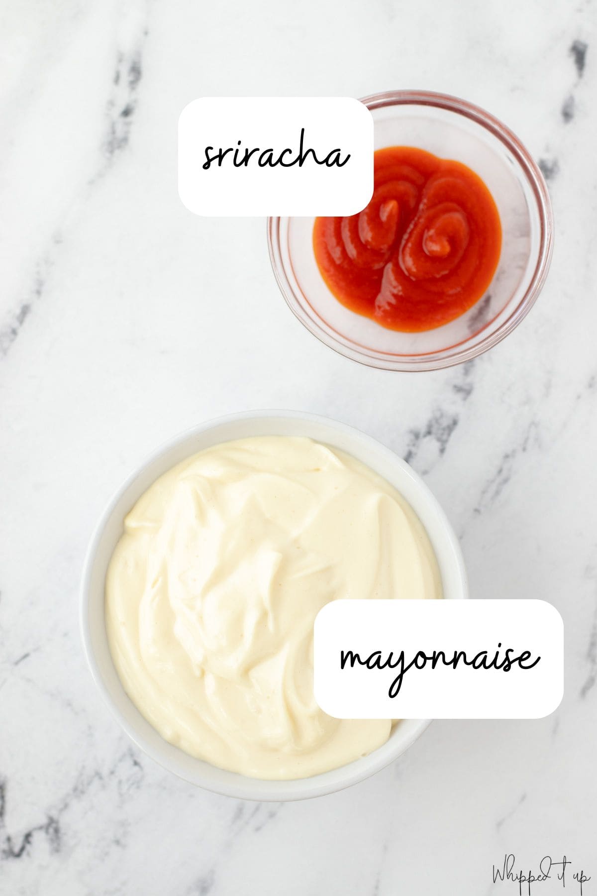 Ingredients include mayonnaise and sriracha.